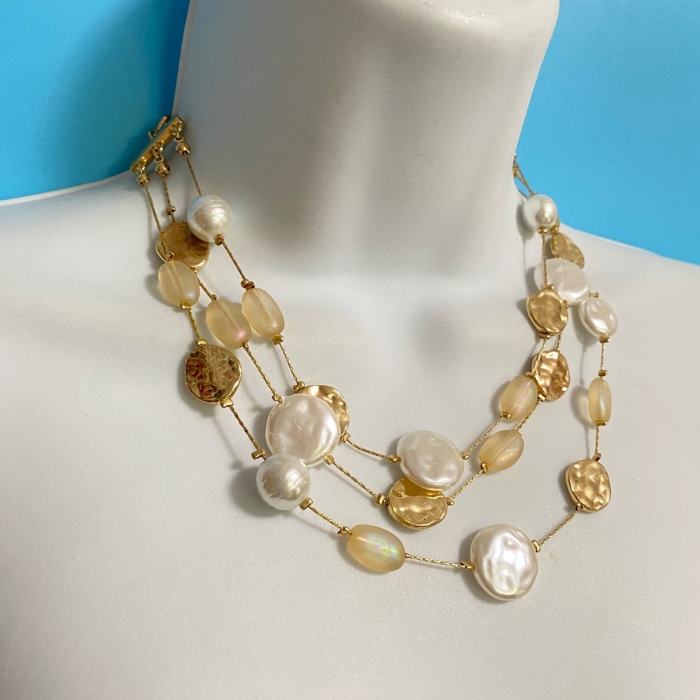 Stunning Triple Strand Gold Tone Faux Pearl Beads Necklace